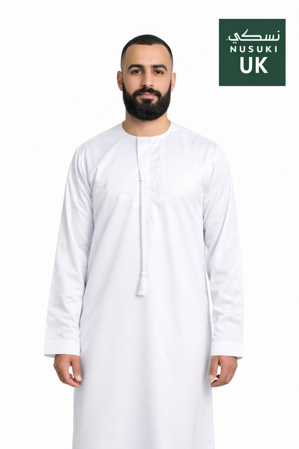 Nusuki Emarati Thobe with Tassel - White - Men's Clothing For Ramadhan , Eid & Casual Use - Thaub , Thawb Thaob , Jubba , Dishdasha