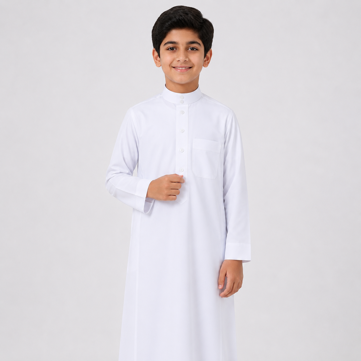 Classic Premium Kids & Youth Thobe White - Neckline Buttons - for Ramadhan , Eid , School & Casual use - Thaub , Thawb Thaob , Jubba , Dishdasha