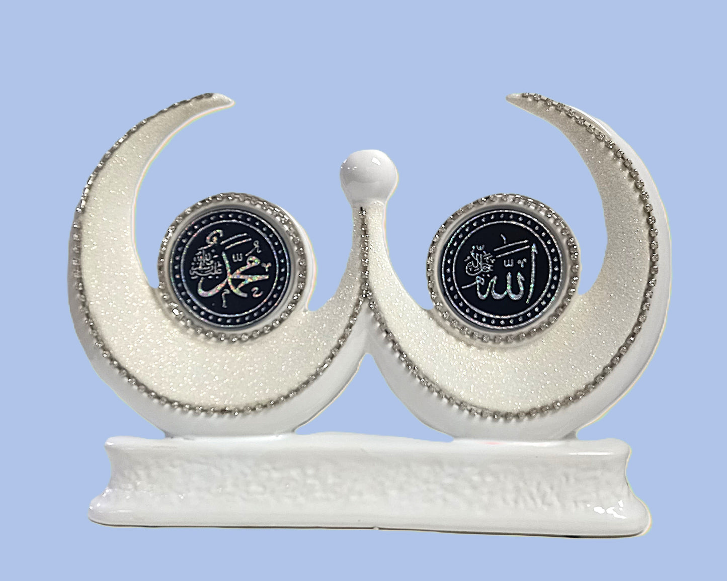 Islamic decorative model Allah Muhammad names in dual crescent design