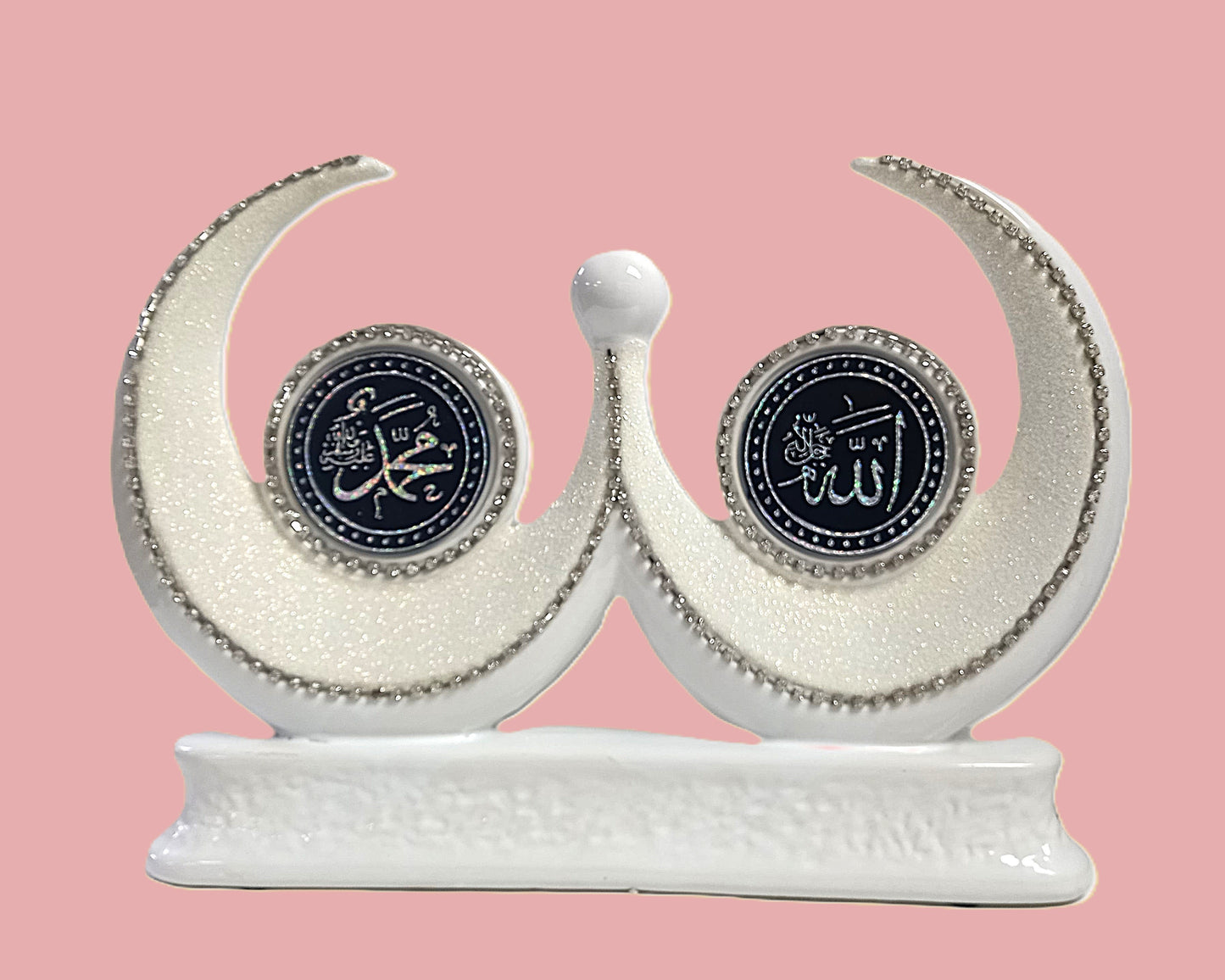 Islamic decorative model Allah Muhammad names in dual crescent design