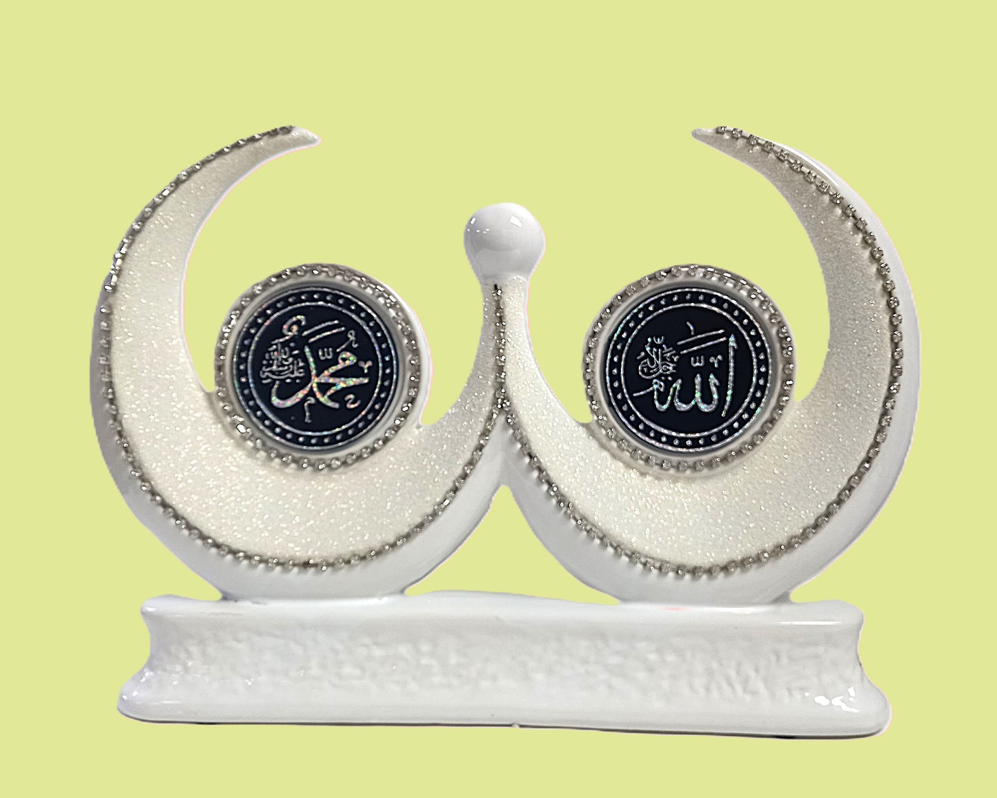 Islamic decorative model Allah Muhammad names in dual crescent design