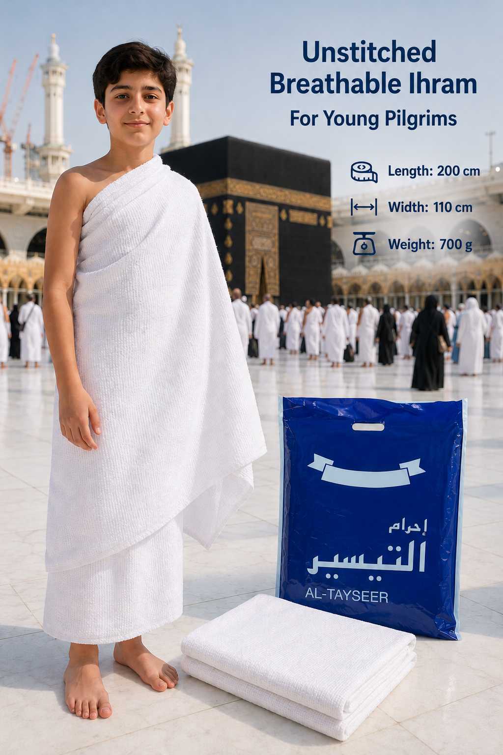 Al Tayseer Youth Ihram For Young Pilgrims – 2-Piece Unstitched Breathable Budget Ehram Ahram for Hajj & Umrah - Suitable for Summer Season