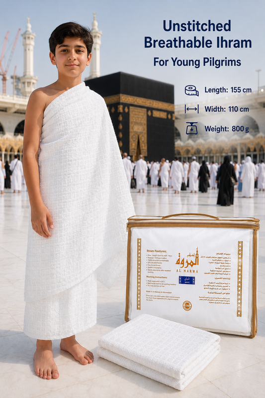 Al Marwa Youth Ihram For Young Pilgrims - 2 Sheets Un Stitched Soft Breathable Ehram Ahram For Hajj & Umrah - Suitable for Summer Season
