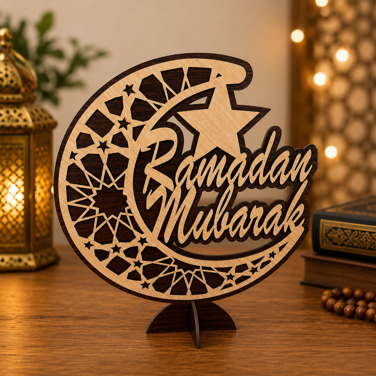 Wooden Ramadan Table Decoration | Islamic Crescent Moon Ornament | Ramadan Kareem & Mubarak Home Decor