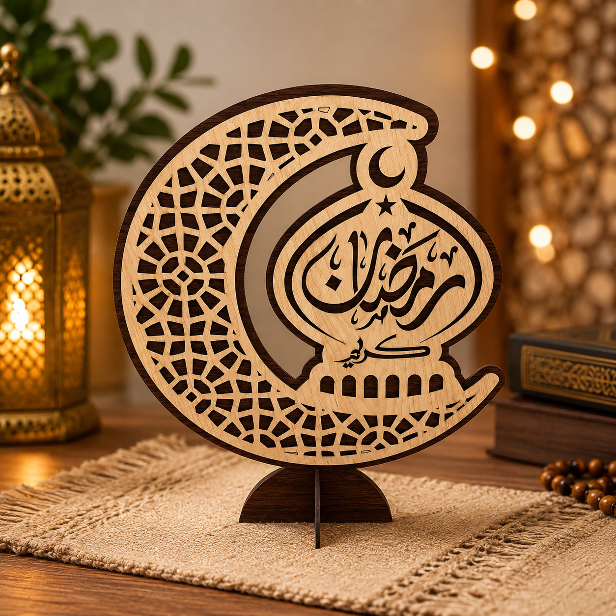 Wooden Ramadan Table Decoration | Islamic Crescent Moon Ornament | Ramadan Kareem & Mubarak Home Decor
