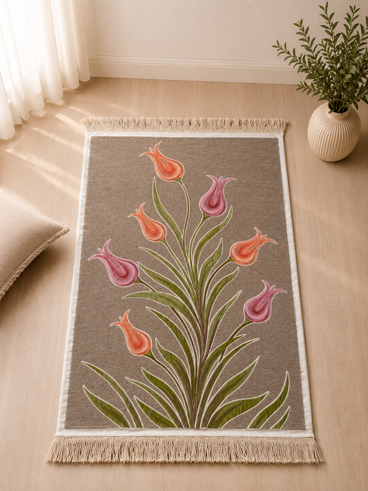 Nusuki Floral Turkish Prayer Mat - Elegant Embroidered Islamic Rug - Lovely Islamic Gift For Her - Sajjada Sajada Musalla Janamaz