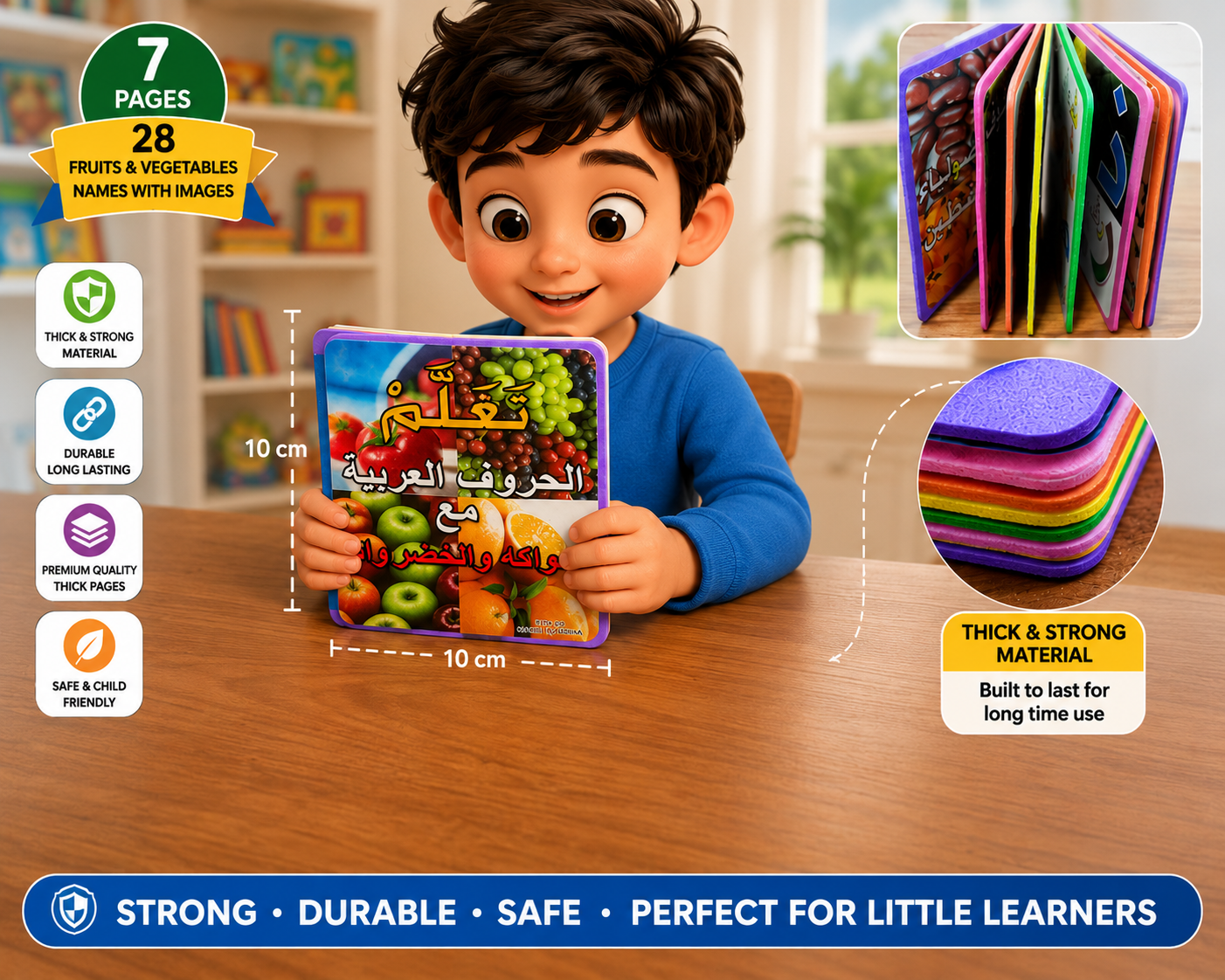 Arabic Learning Book for Kids – Fruits & Vegetables Vocabulary | 28 Arabic Names | Thick Board Pages | 10 x 10 cm