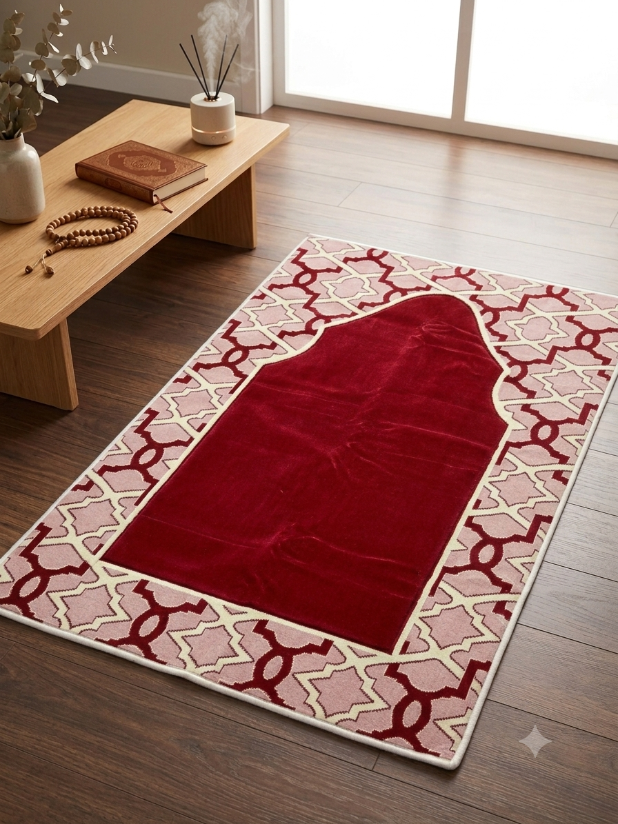 Multi-Colour Padded Prayer Mat – Soft Velvet Muslim Salah Rug with Elegant Geometric Design