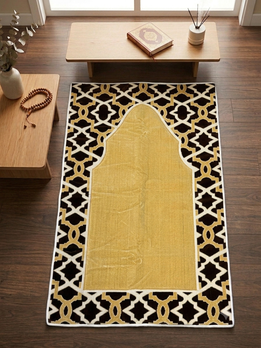 Multi-Colour Padded Prayer Mat – Soft Velvet Muslim Salah Rug with Elegant Geometric Design
