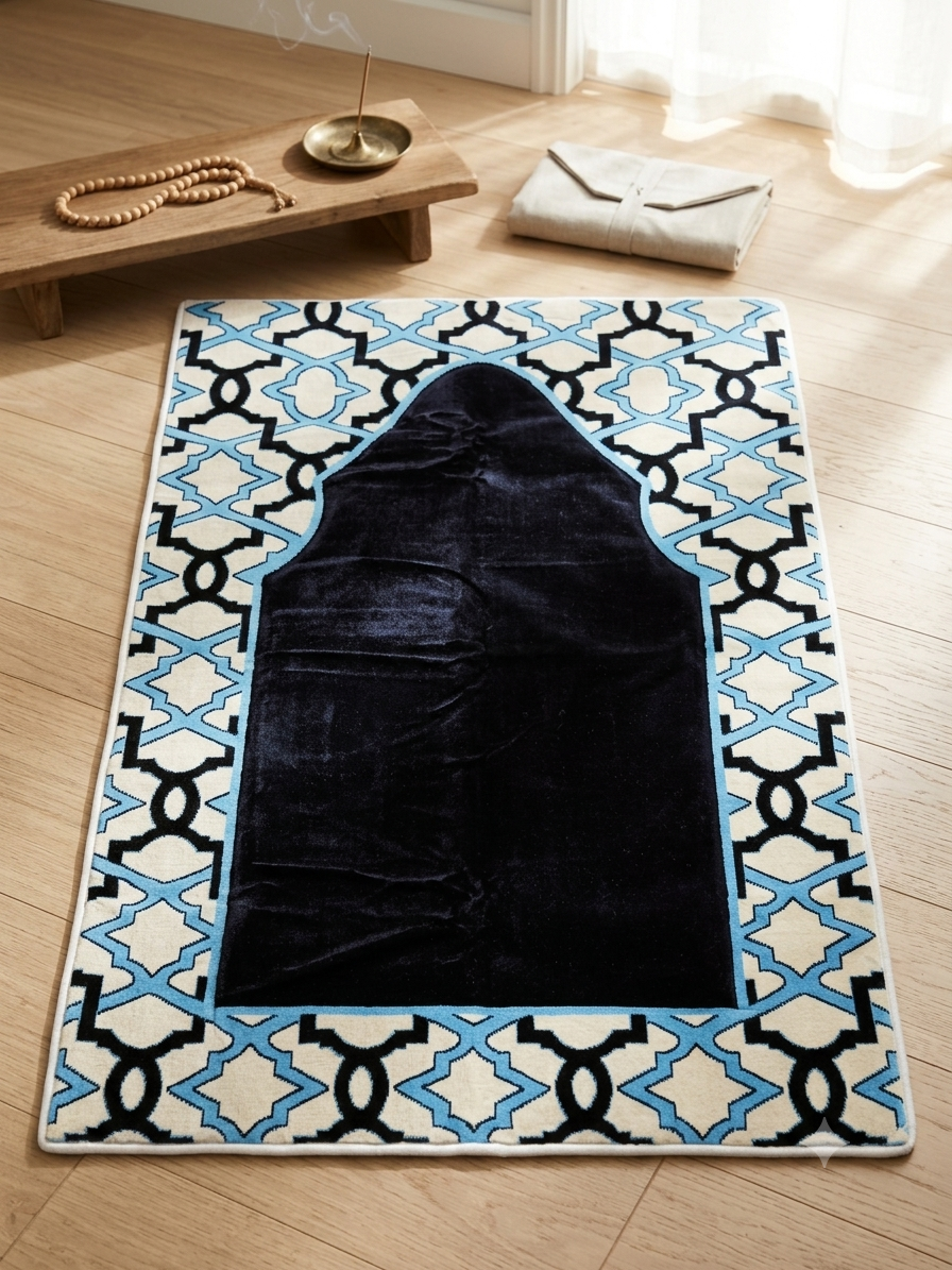 Multi-Colour Padded Prayer Mat – Soft Velvet Muslim Salah Rug with Elegant Geometric Design