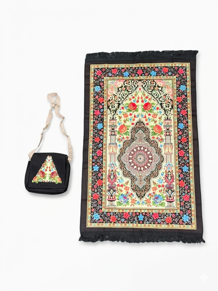 "Zadi" Travel Prayer Mat With Matching Carry Bag - Light Weight Islamic Rug Sajjada Sajada Musalla Janamaz