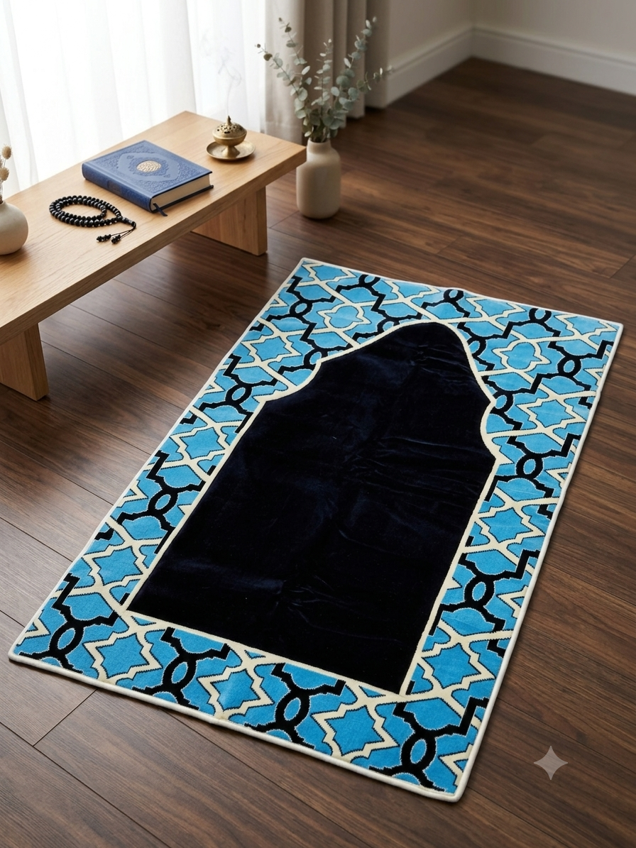 Multi-Colour Padded Prayer Mat – Soft Velvet Muslim Salah Rug with Elegant Geometric Design