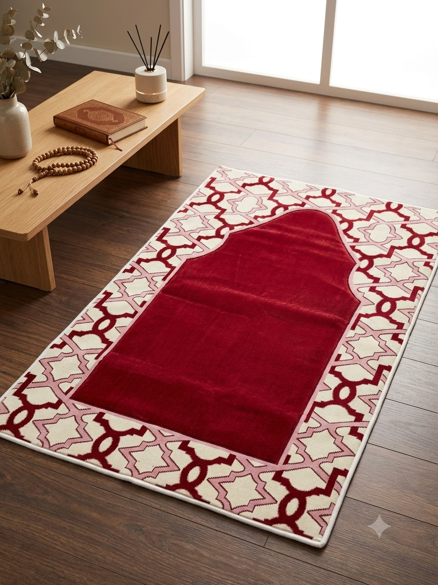 Multi-Colour Padded Prayer Mat – Soft Velvet Muslim Salah Rug with Elegant Geometric Design