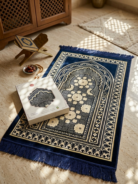 Genova D2 Premium Velvet Prayer Mat  – Midnight Navy Luxury Edition - Classic Islamic Rug Sajjada Sajada Musalla Janamaz
