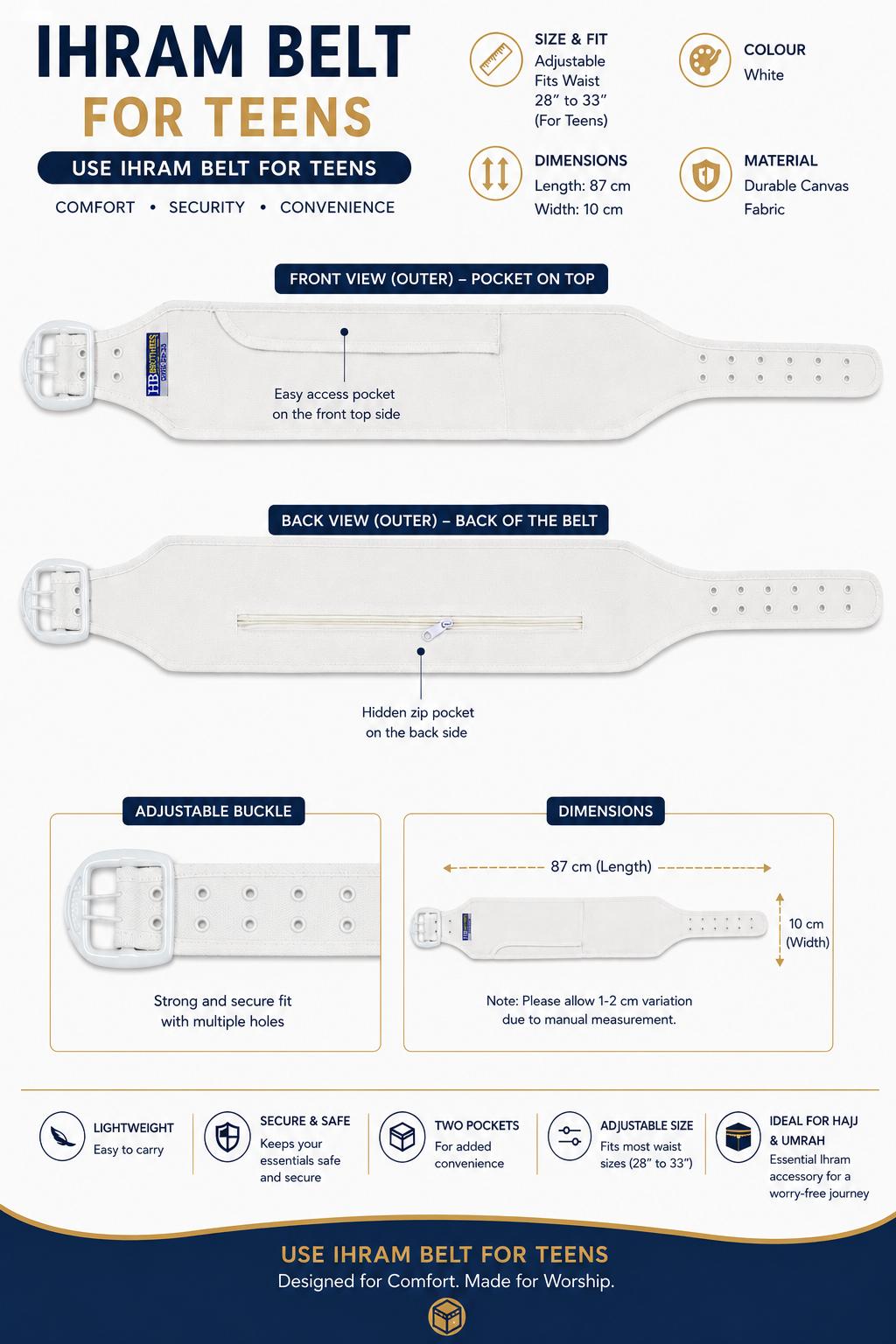 IHRAM Belt for Teens – Adjustable White Hajj & Umrah Belt with 2 Pockets