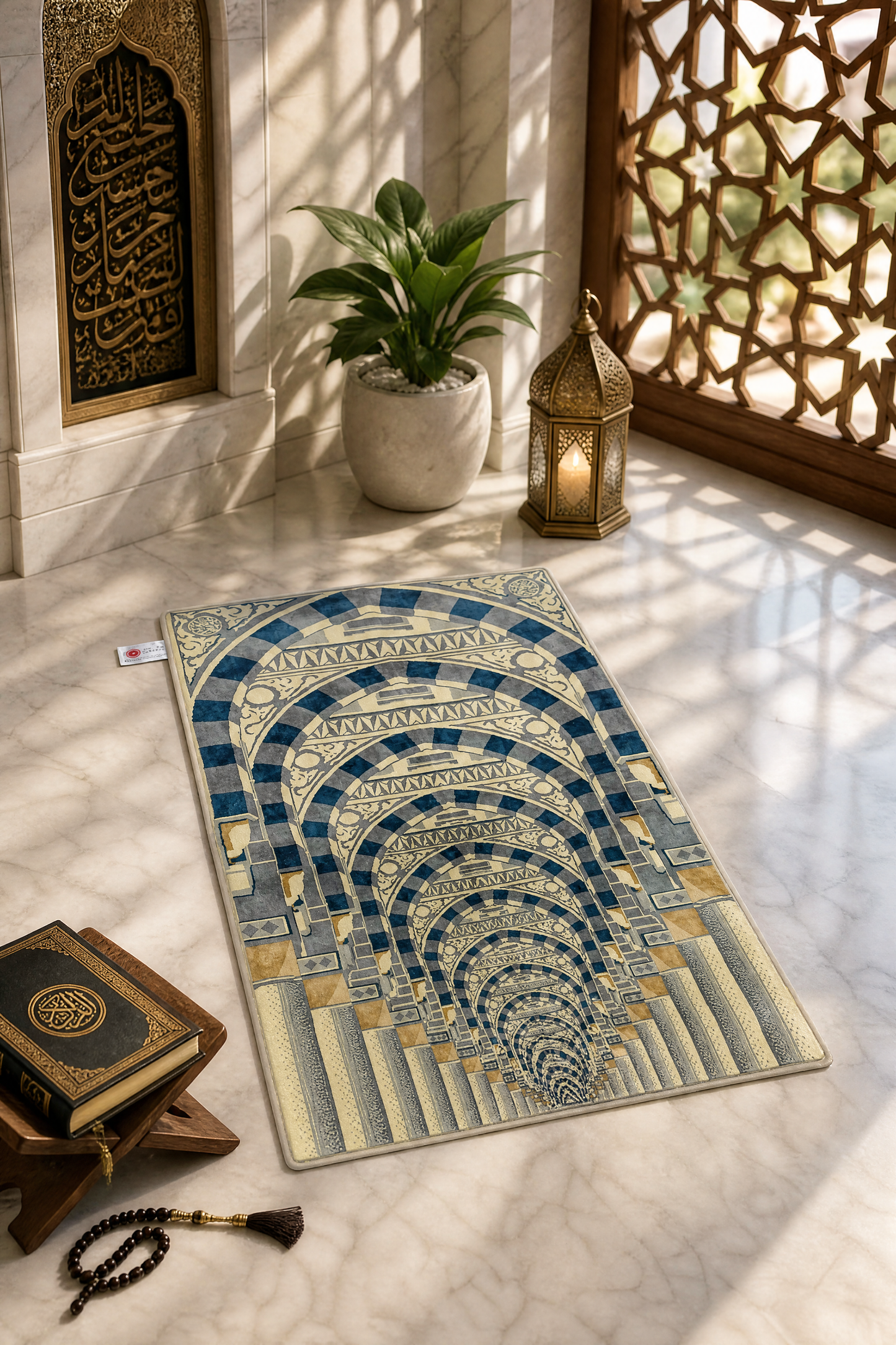 Prophet Mosque Multi Arches Padded Prayer Mat With Matching Hand Bag - Luxury Thick Velvet Islamic Rug Sajjada Sajada Janamaz Musalla