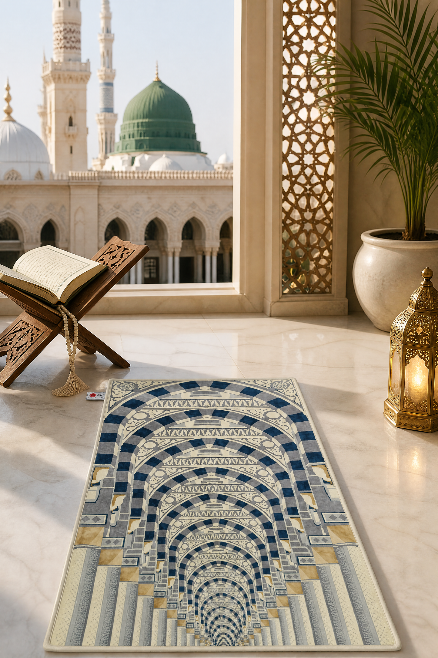Prophet Mosque Multi Arches Padded Prayer Mat With Matching Hand Bag - Luxury Thick Velvet Islamic Rug Sajjada Sajada Janamaz Musalla