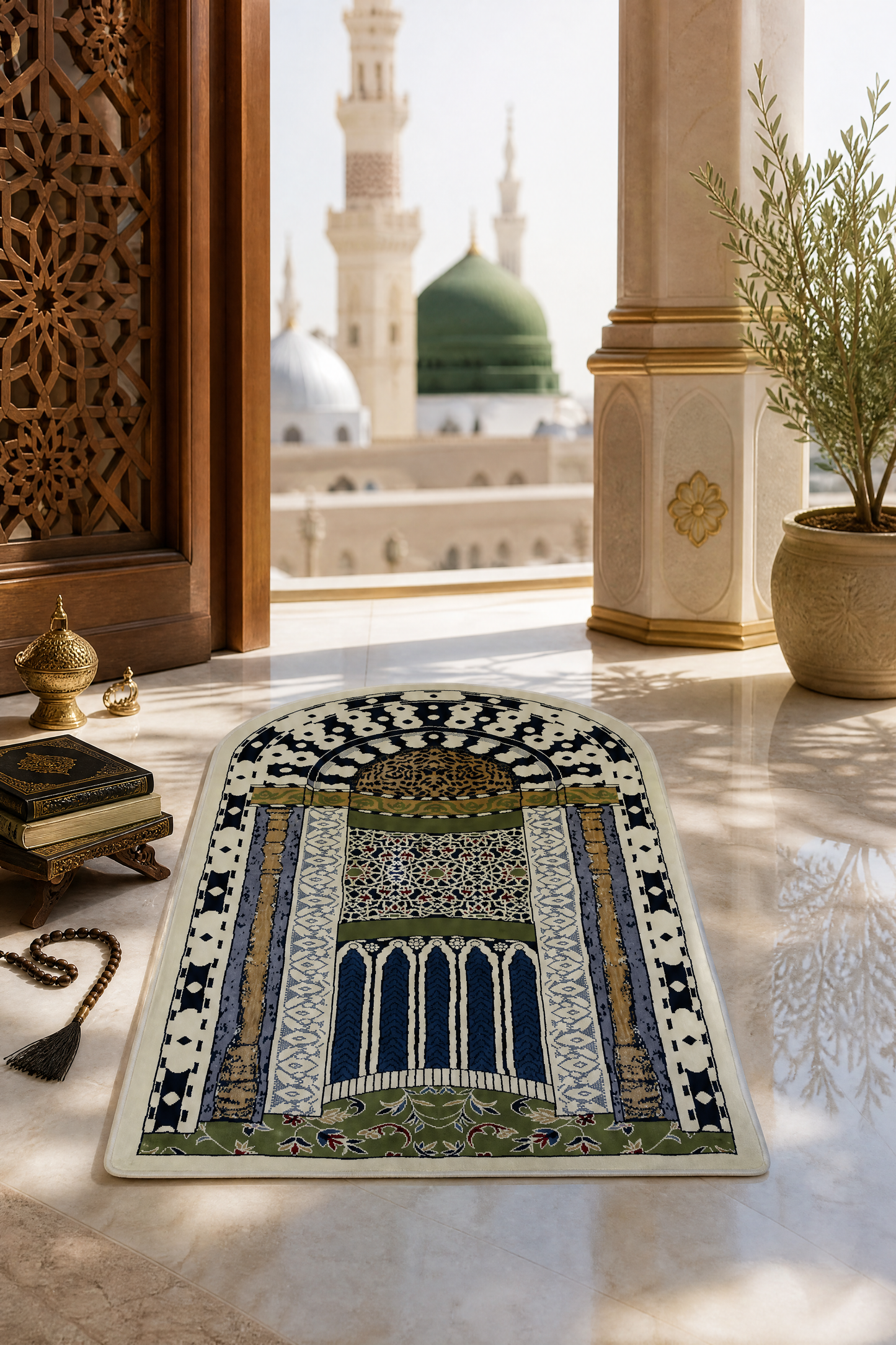 Prophet's Mihrab Prayer Mat Arched With Matching Handbag- Luxury Thick Velvet Islamic Rug Sajjada Sajada Janamaz  Musalla