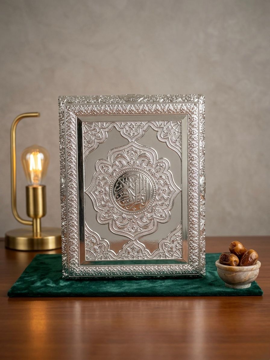 Luxury Silver Quran Box Mirror Finish Ornate Islamic Storage Case Large Gift