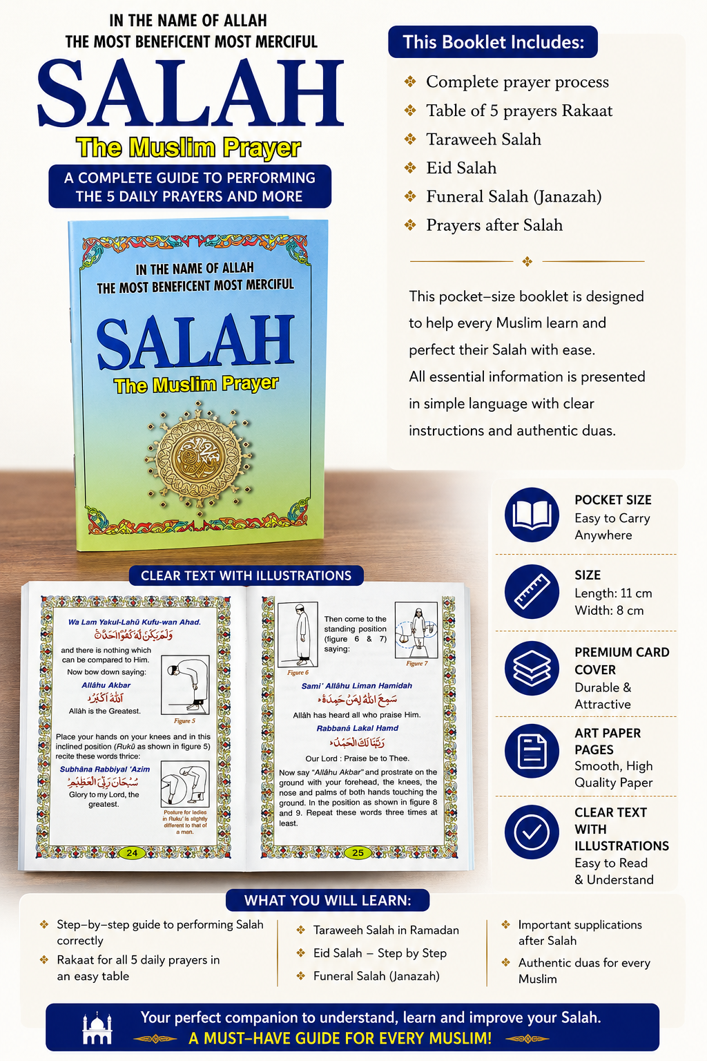 Salah – The Muslim Prayer Pocket Size Book | Complete Prayer Guide | 11 × 8 cm