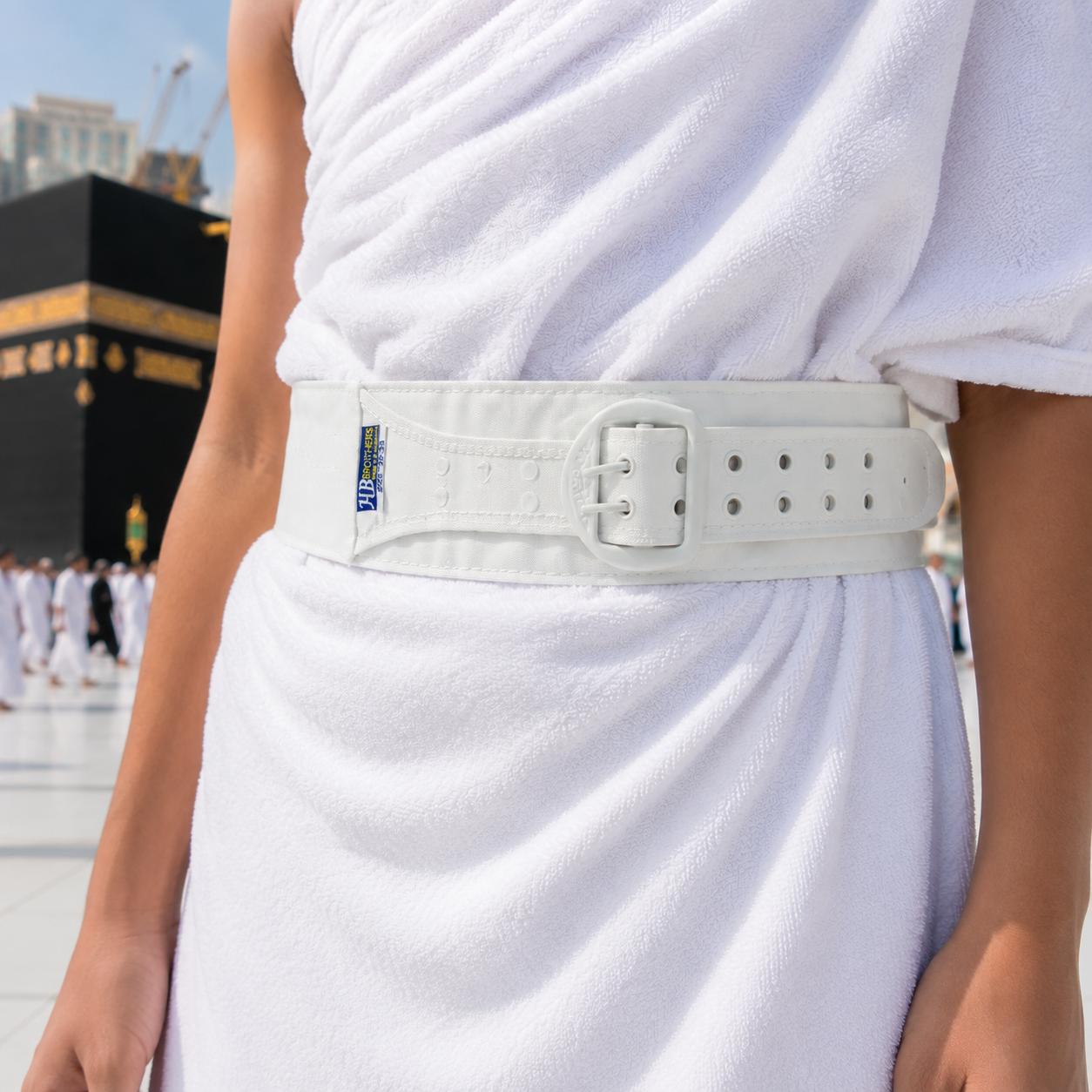 Teen Ihram belt with adjustable buckle, front pocket, hidden back zip pocket and 28–33 inch waist fit