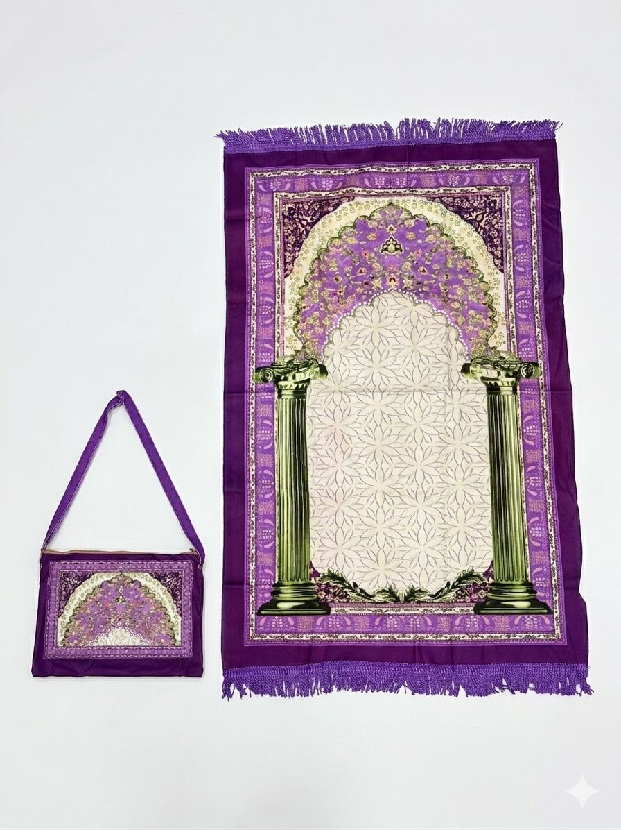 Classic Travel Prayer Mat with Carry Pouch D-1  - Lightweight Foldable Islamic Rug Sajjada Sajada Musalla Janamaz