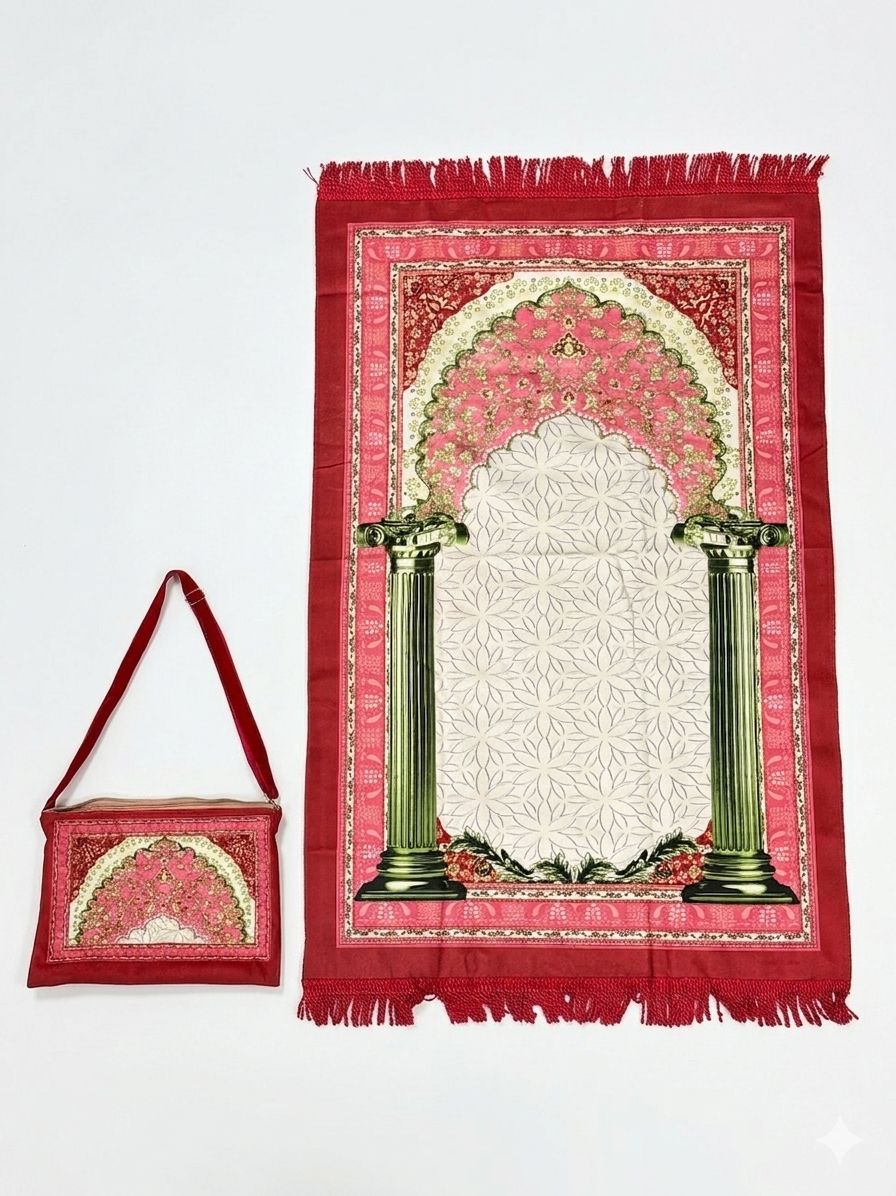 Classic Travel Prayer Mat with Carry Pouch D-1  - Lightweight Foldable Islamic Rug Sajjada Sajada Musalla Janamaz