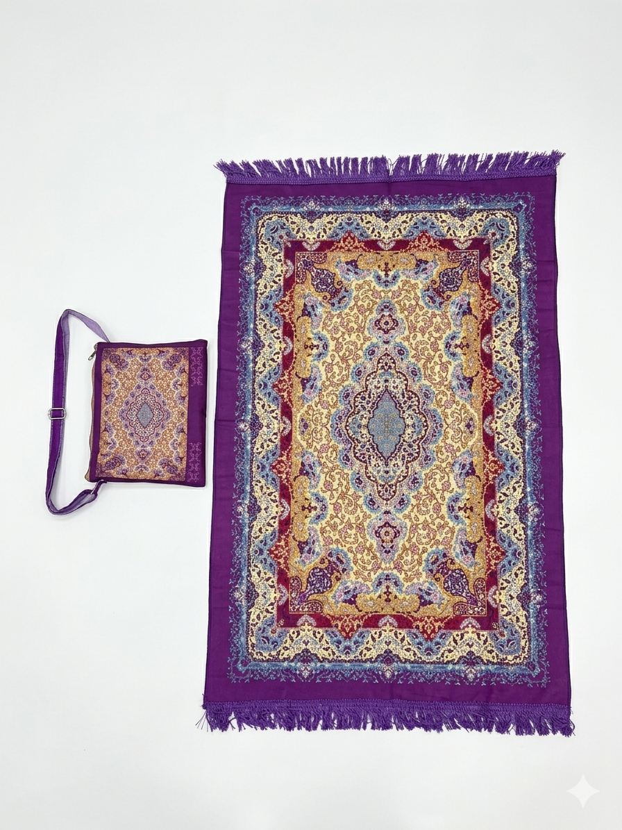 Classic Travel Prayer Mat with Carry Pouch D-2  - Lightweight Foldable Islamic Rug Sajjada Sajada Musalla Janamaz