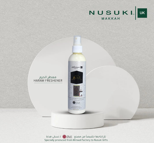 Al Haram Freshener by Nusuki, aromatic fabric, carpet, curtain and room spray with long-lasting fragrance for home and prayer spaces.