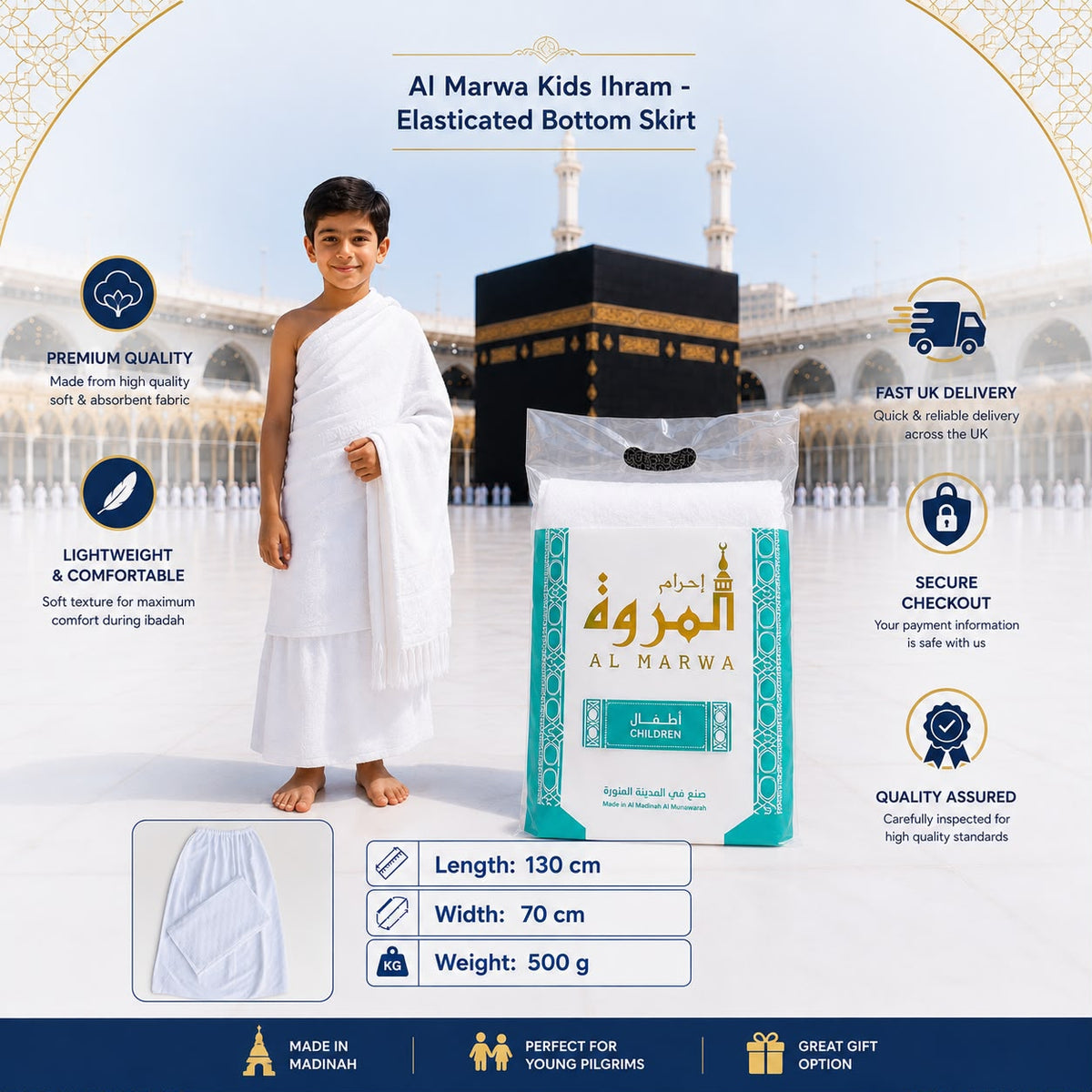 Al Marwa Kids Ihram Made in Madina with elasticated skirt bottom, soft cotton blend towel fabric 2-piece ihram set for boys Hajj and Umrah