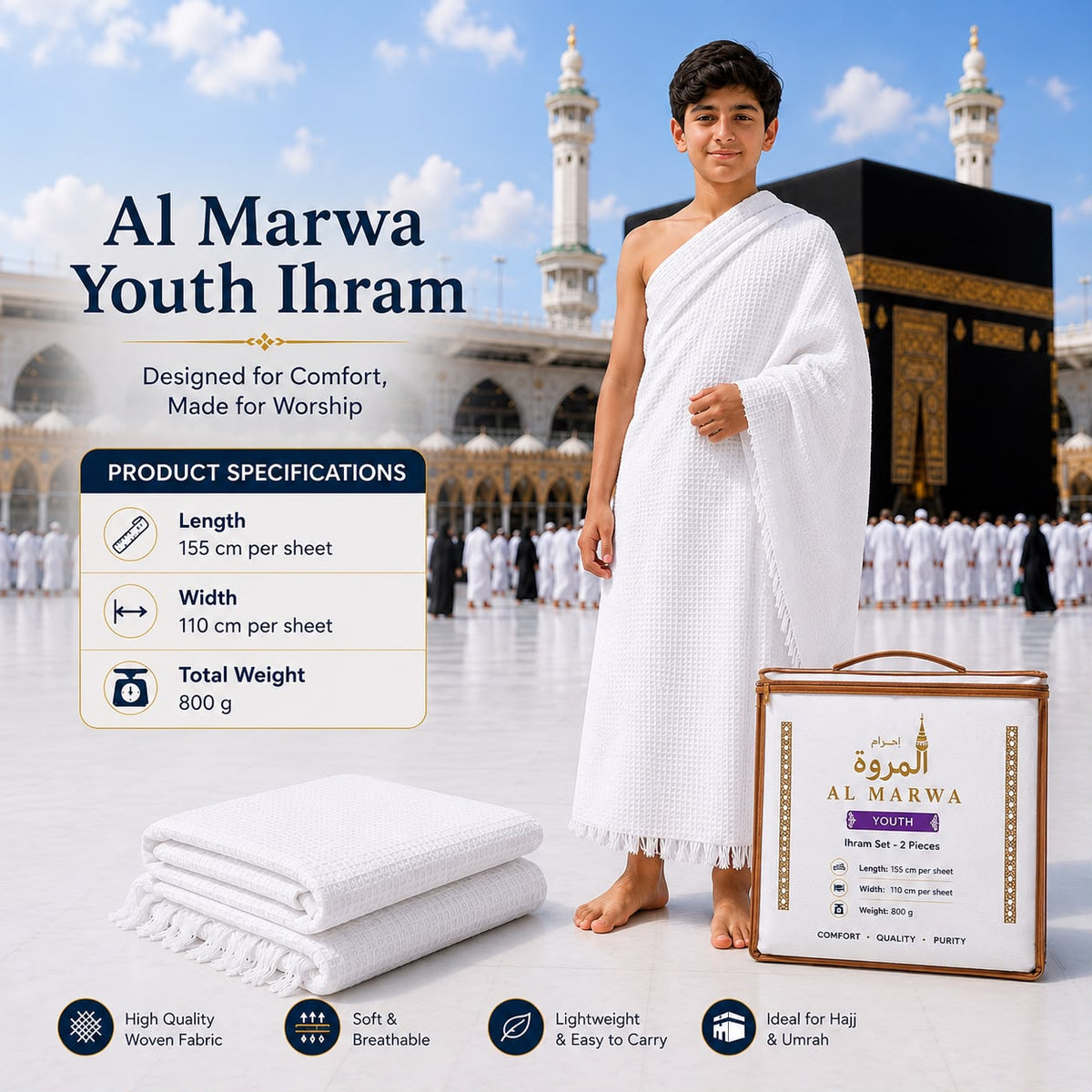 Al Marwa Youth 2-piece white Ihram set for Hajj and Umrah, made from soft breathable woven fabric, 155 x 110 cm per sheet, 800 g, suitable for youth pilgrims.