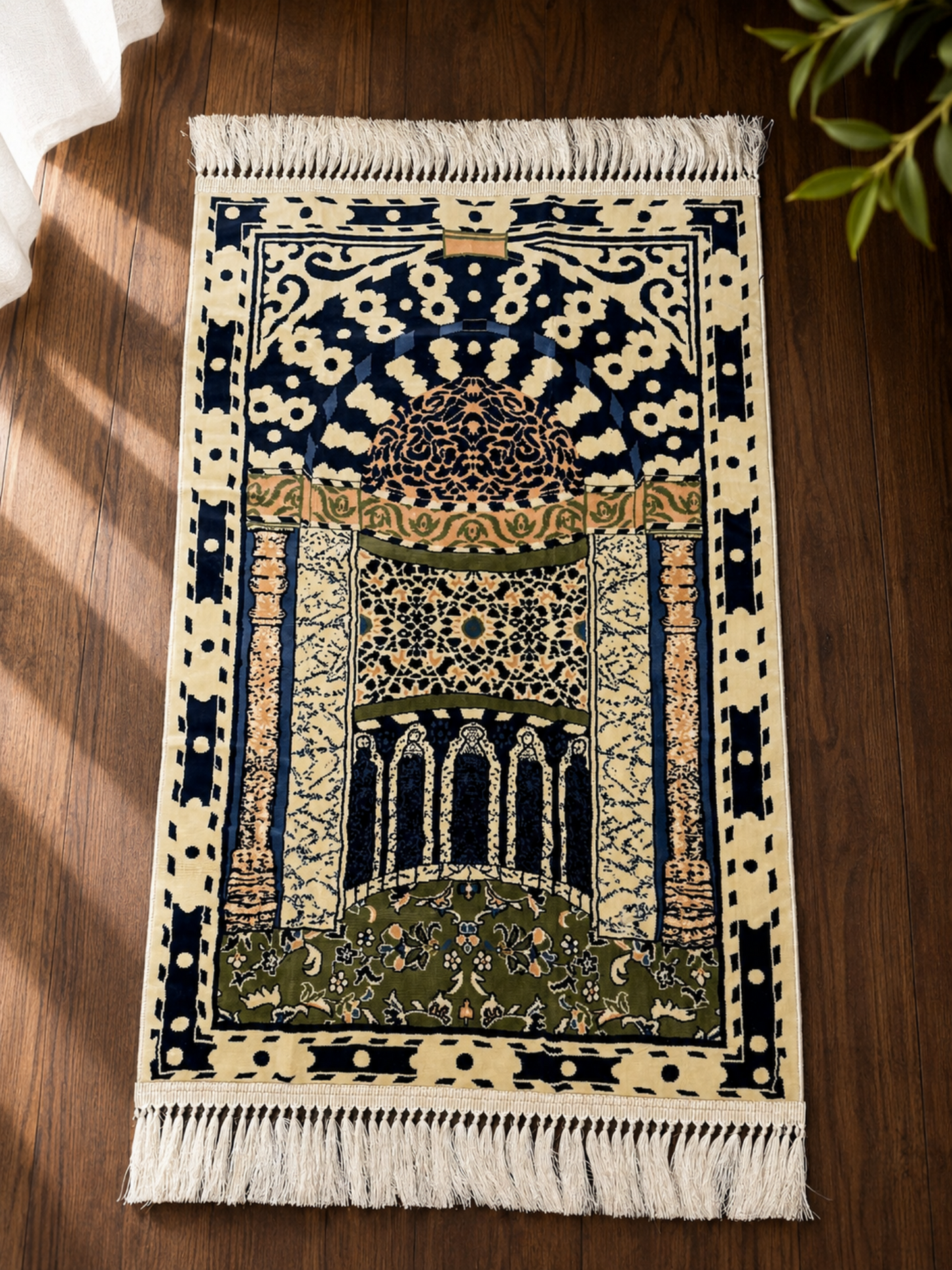 Al Mihrab Luxury Thick Islamic Prayer Rug featuring an elegant mihrab arch design with intricate floral patterns, thick soft cushioning, and decorative tassels for comfortable daily prayer.