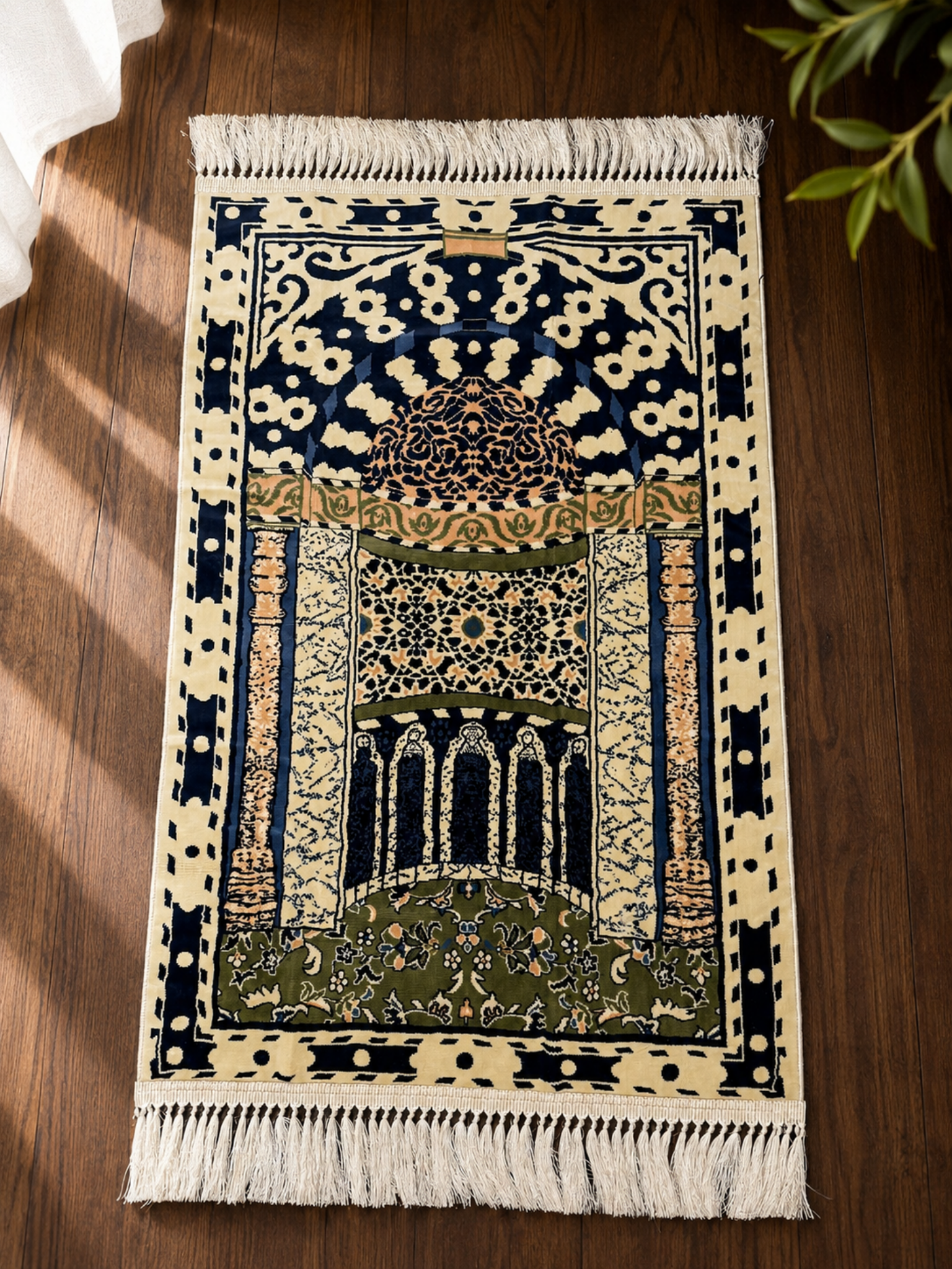 Al Mihrab Luxury Thick Islamic Prayer Rug featuring an elegant mihrab arch design with intricate floral patterns, thick soft cushioning, and decorative tassels for comfortable daily prayer.