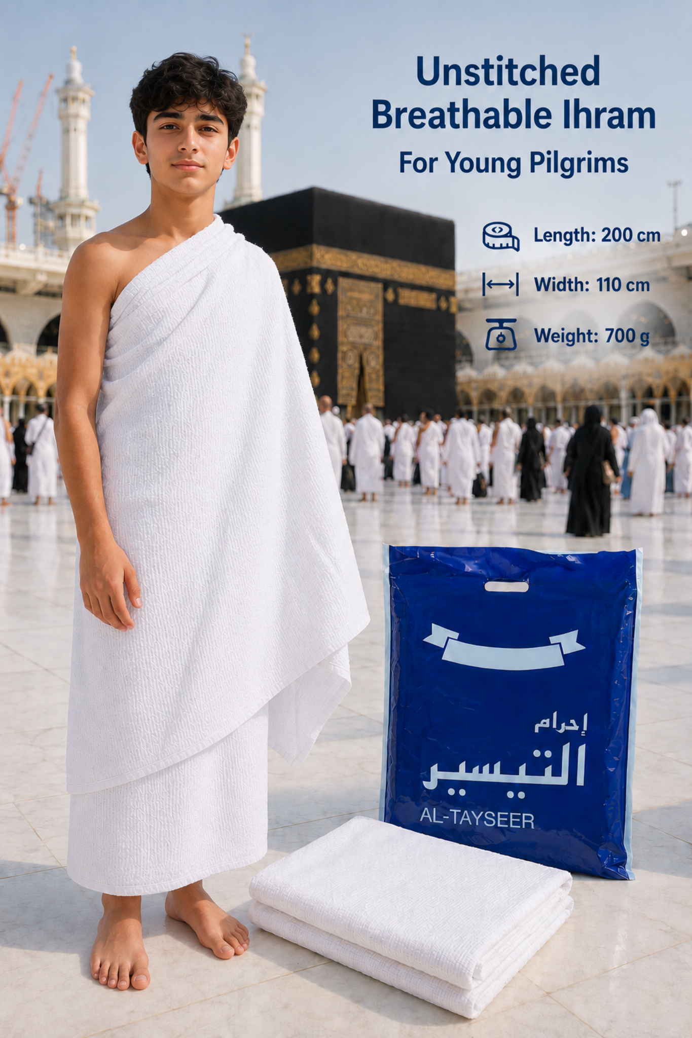 AL-TAYSEER Youth Ihram Made in Madina, lightweight breathable ihram for teens performing Hajj and Umrah