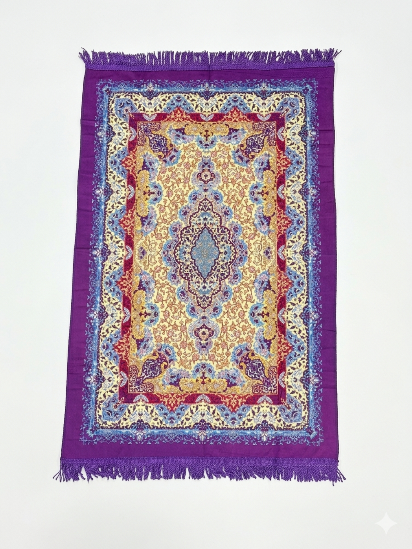 Classic travel prayer mat featuring an elegant Islamic archway design with floral patterns, decorative fringe, and a matching zippered carry pouch with shoulder strap for portable daily prayer.