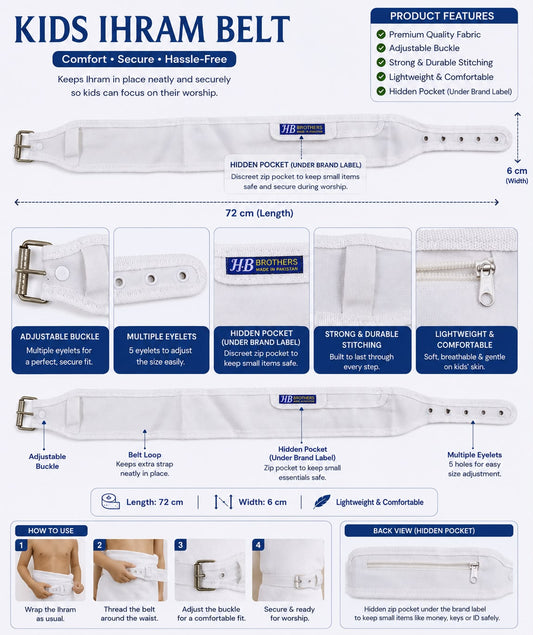 Kids Ihram Belt with adjustable metal buckle and hidden zip pocket, designed to keep children's Ihram secure during Hajj and Umrah.
