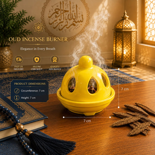 Mini ceramic incense burner in yellow for burning oud and incense.