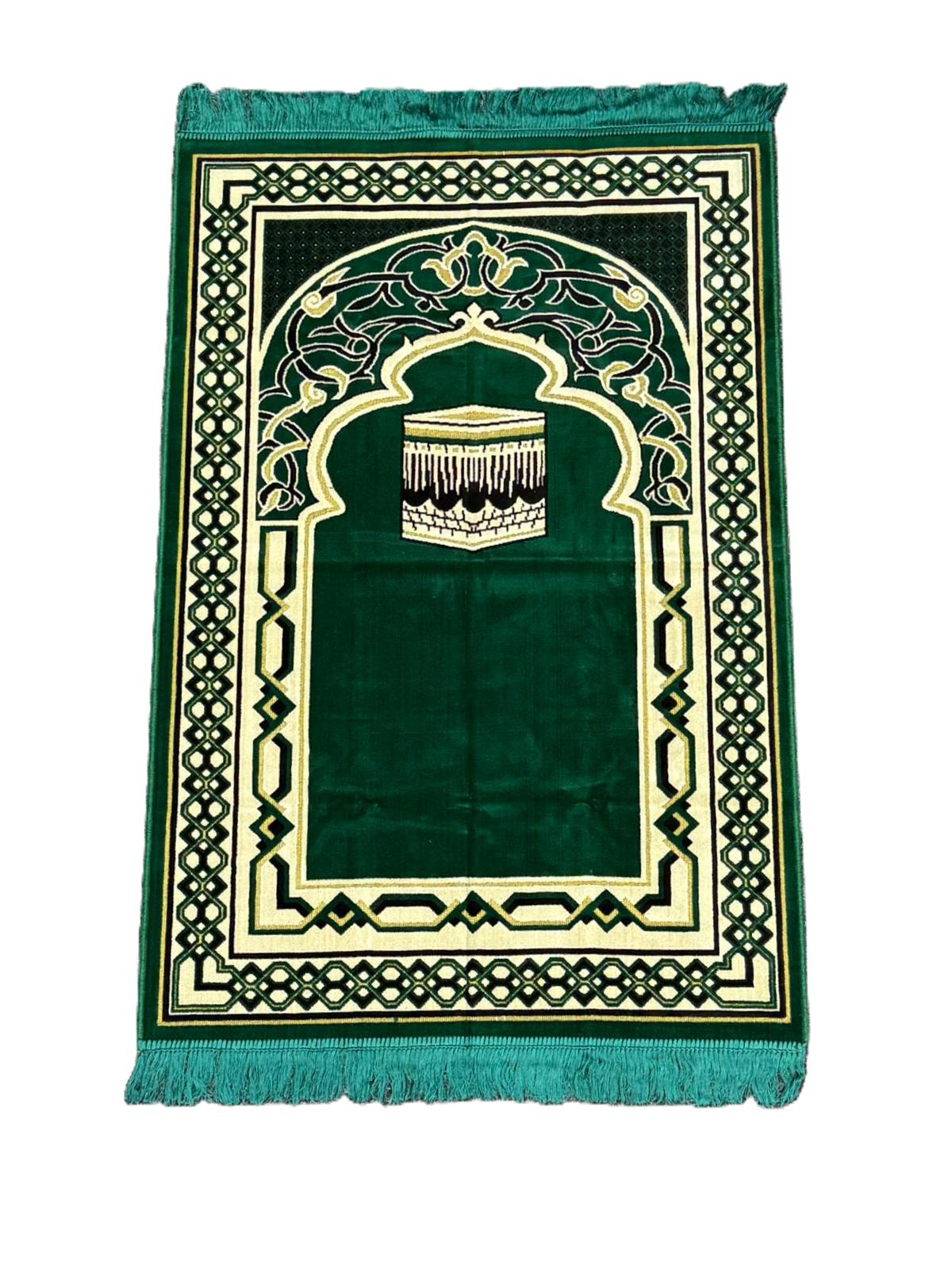 Minwal Salsabil Bakkah XL prayer mat made in Madinah featuring the Holy Kaaba design, extra large Islamic prayer rug with hygienic sealed pouch.