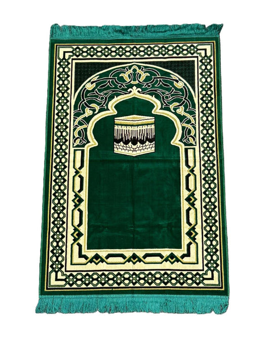Minwal Salsabil Bakkah XL prayer mat made in Madinah featuring the Holy Kaaba design, extra large Islamic prayer rug with hygienic sealed pouch.