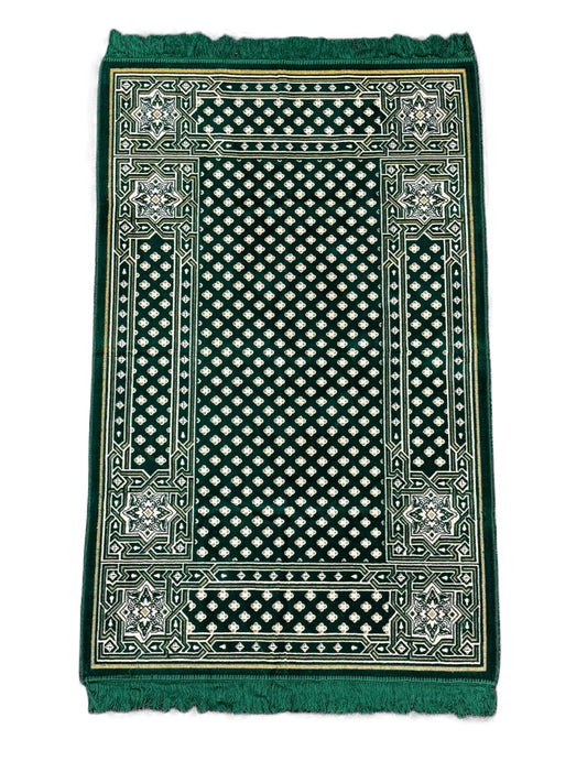 Minwal Salsabil XXL prayer mat made in Madinah, extra large Islamic prayer rug with geometric star pattern, golden brown design, hygienic sealed packaging.