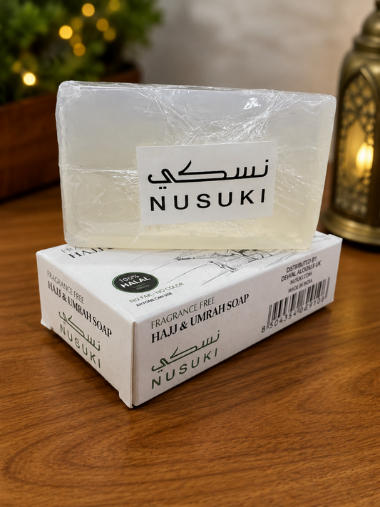 NUSUKI Fragrance Free Halal Hajj and Umrah Soap, unscented Ihram soap suitable for pilgrims, gentle on skin with no added fragrance or colour.