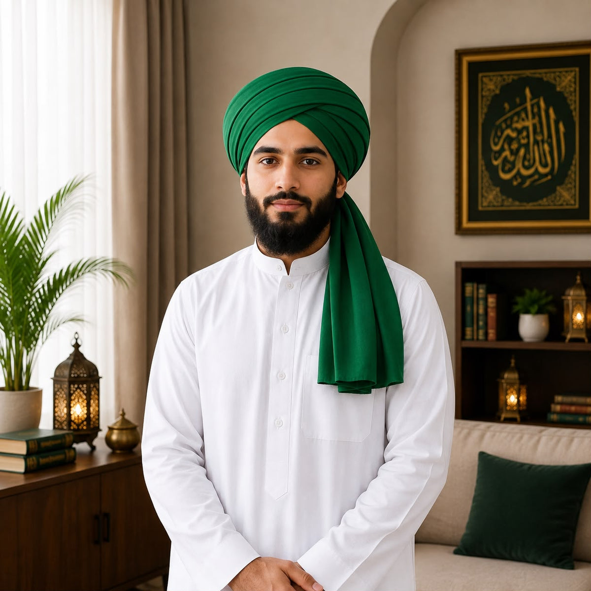 Nusuki Green soft-feel turban with white traditional tunic
