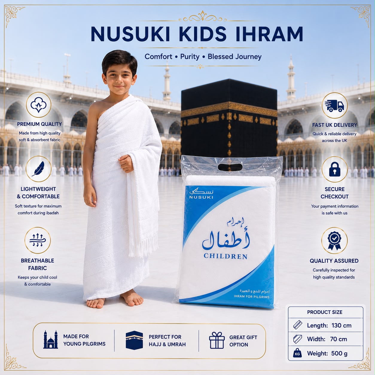 Nusuki Kids Ihram Made in Madina, soft terry fabric 2 piece unstitched ihram set for children aged 7 to 10 years performing Hajj and Umrah