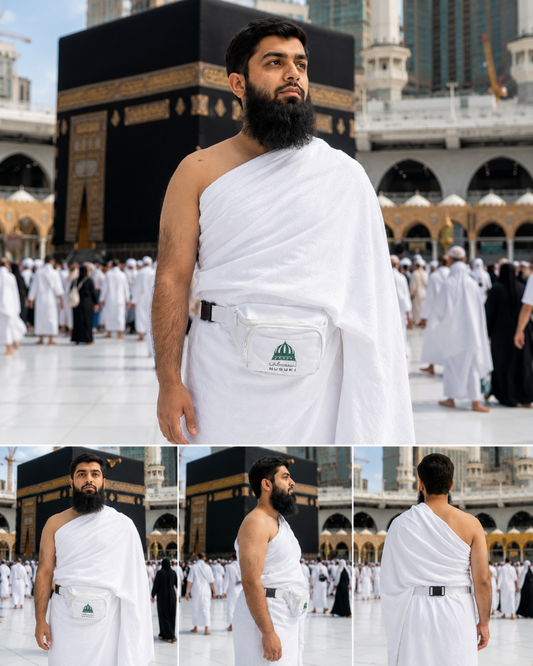 Nusuki Printed Ihram Belt with 3 zippered pockets and adjustable waist strap for Hajj and Umrah travel essentials