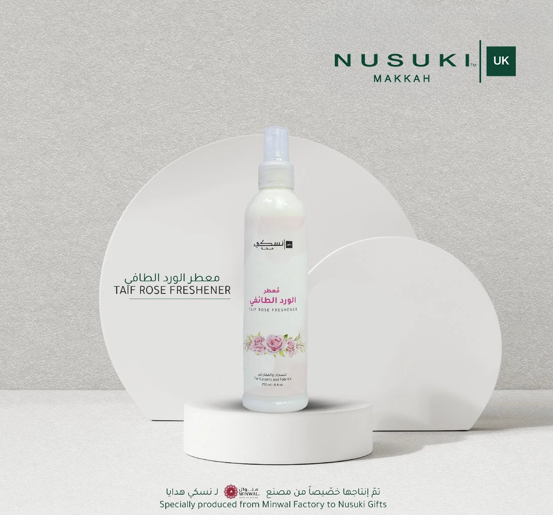 Nusuki Taif Rose Freshener fabric, carpet and room spray with long-lasting floral fragrance for upholstery, prayer mats, curtains and home.