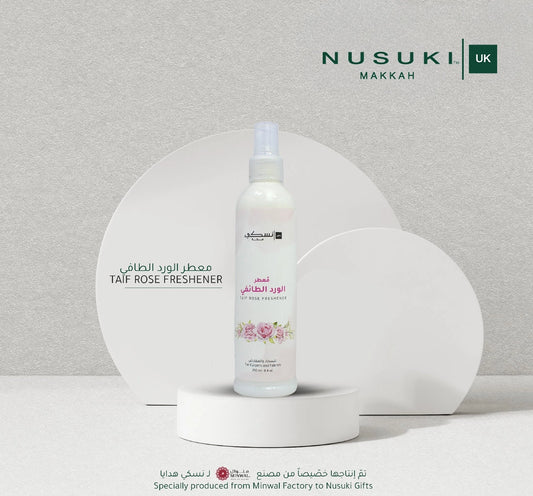 Nusuki Taif Rose Freshener fabric, carpet and room spray with long-lasting floral fragrance for upholstery, prayer mats, curtains and home.