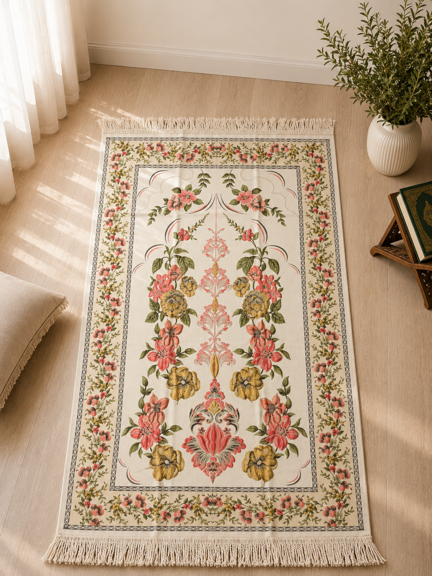 NUSUKI Turkish embroidered floral prayer mat featuring a cream background with colorful floral embroidery, decorative tassels, and premium durable fabric for daily Islamic prayer.