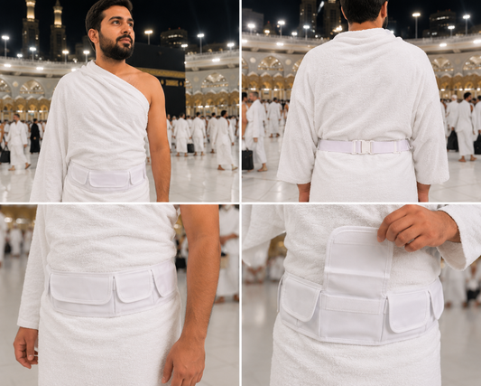 Nusuki XL Adjustable Ihram Belt with multiple secure pockets and adjustable buckle for Hajj and Umrah travel essentials