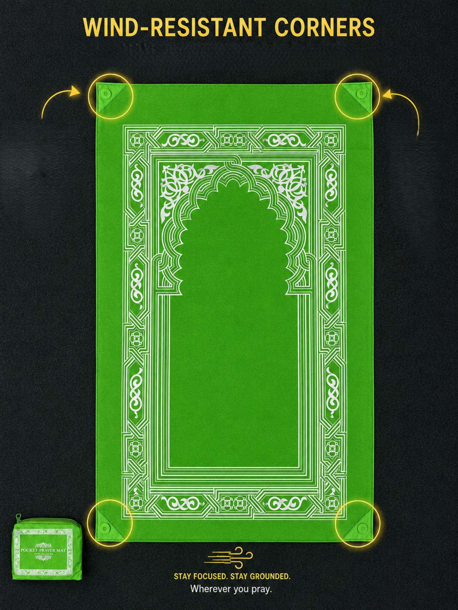 Green pocket size travel prayer mat with a white mihrab arch design and matching compact carry pouch, ideal for home, travel, mosque, office, and outdoor prayers.