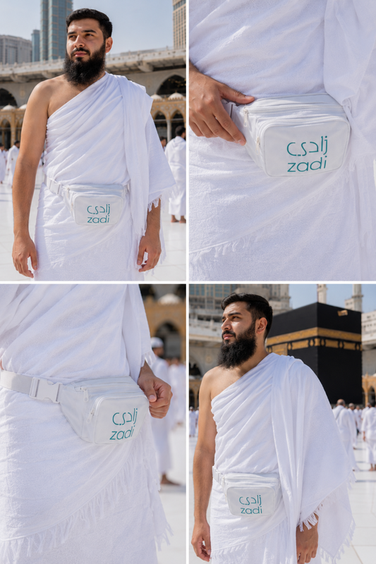 Zadi Adjustable Ihram Belt with multiple zippered compartments and secure buckle for Hajj Umrah Tawaf and Ziyarat essentials